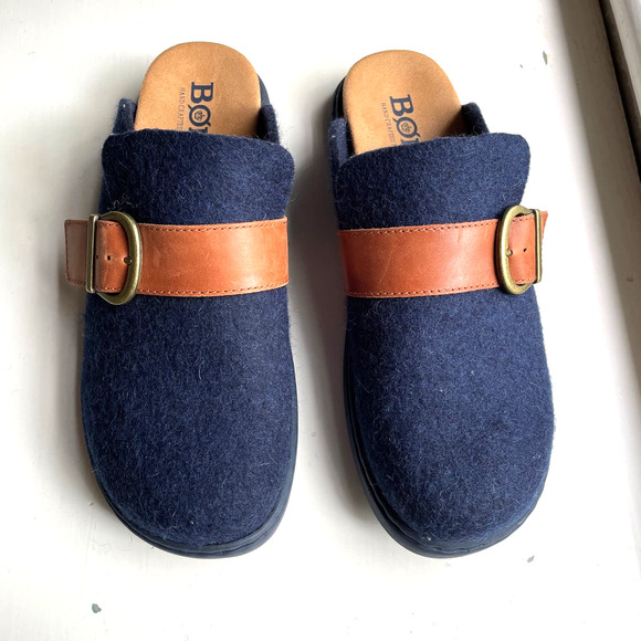Born Women's Lia Clogs Sz 9 Slip On Shoes Slides Navy Blue Felted Wool & Leather - Picture 2 of 7